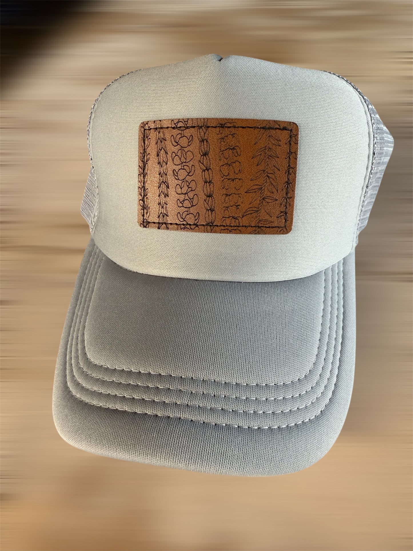 Gray Lei Leather Patch Trucker Hat